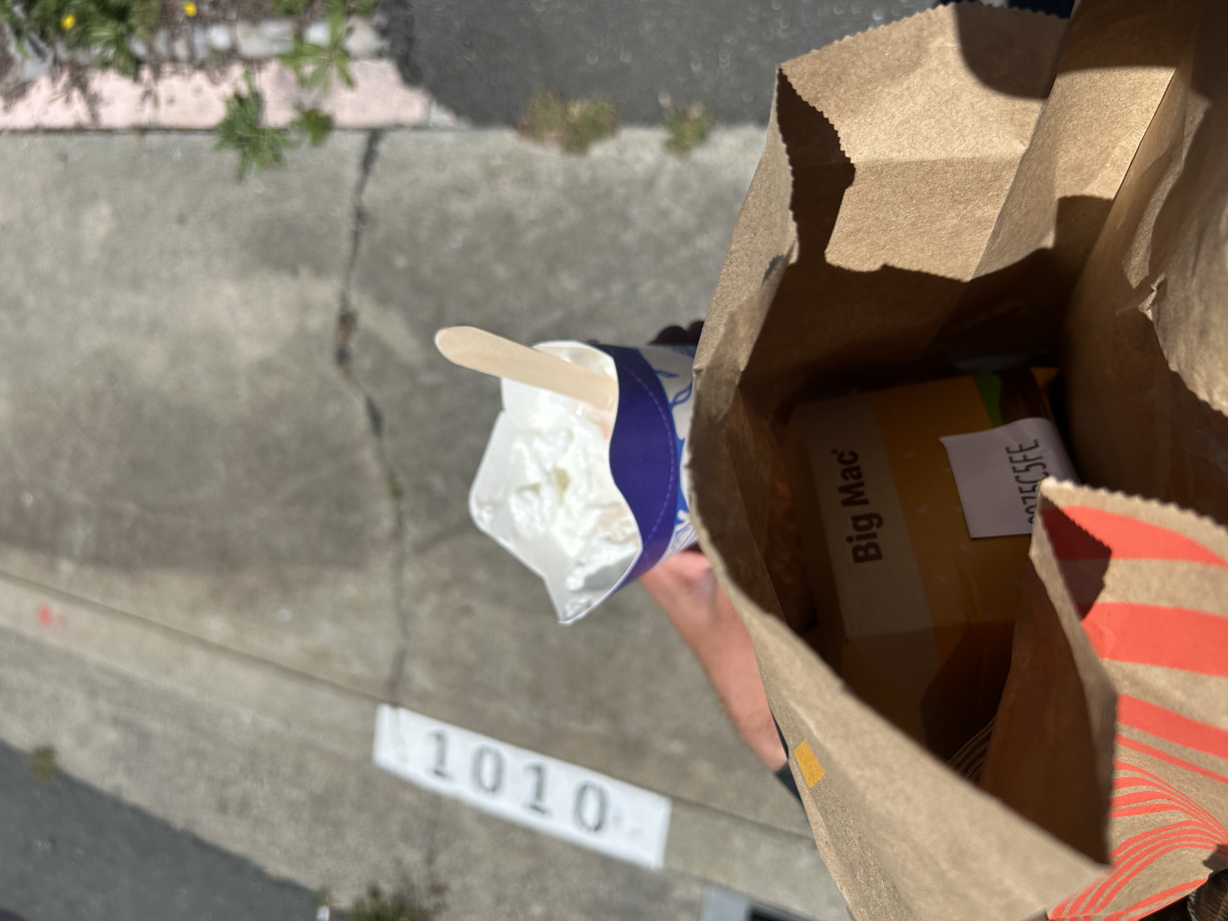 Walking out — McFlurry and Big Mac bag, curb 1010