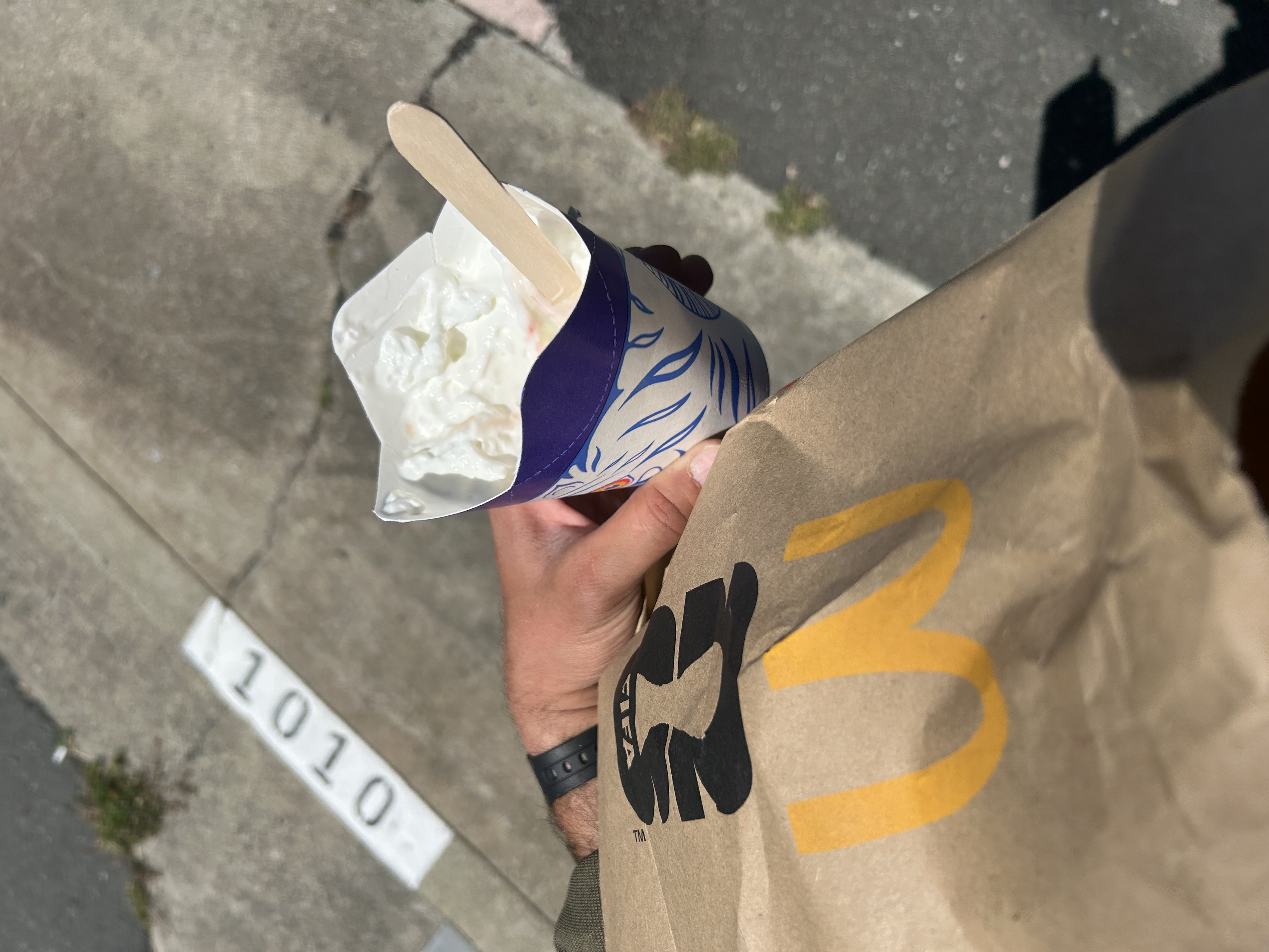 McFlurry closeup — McDonald's bag in hand, sidewalk