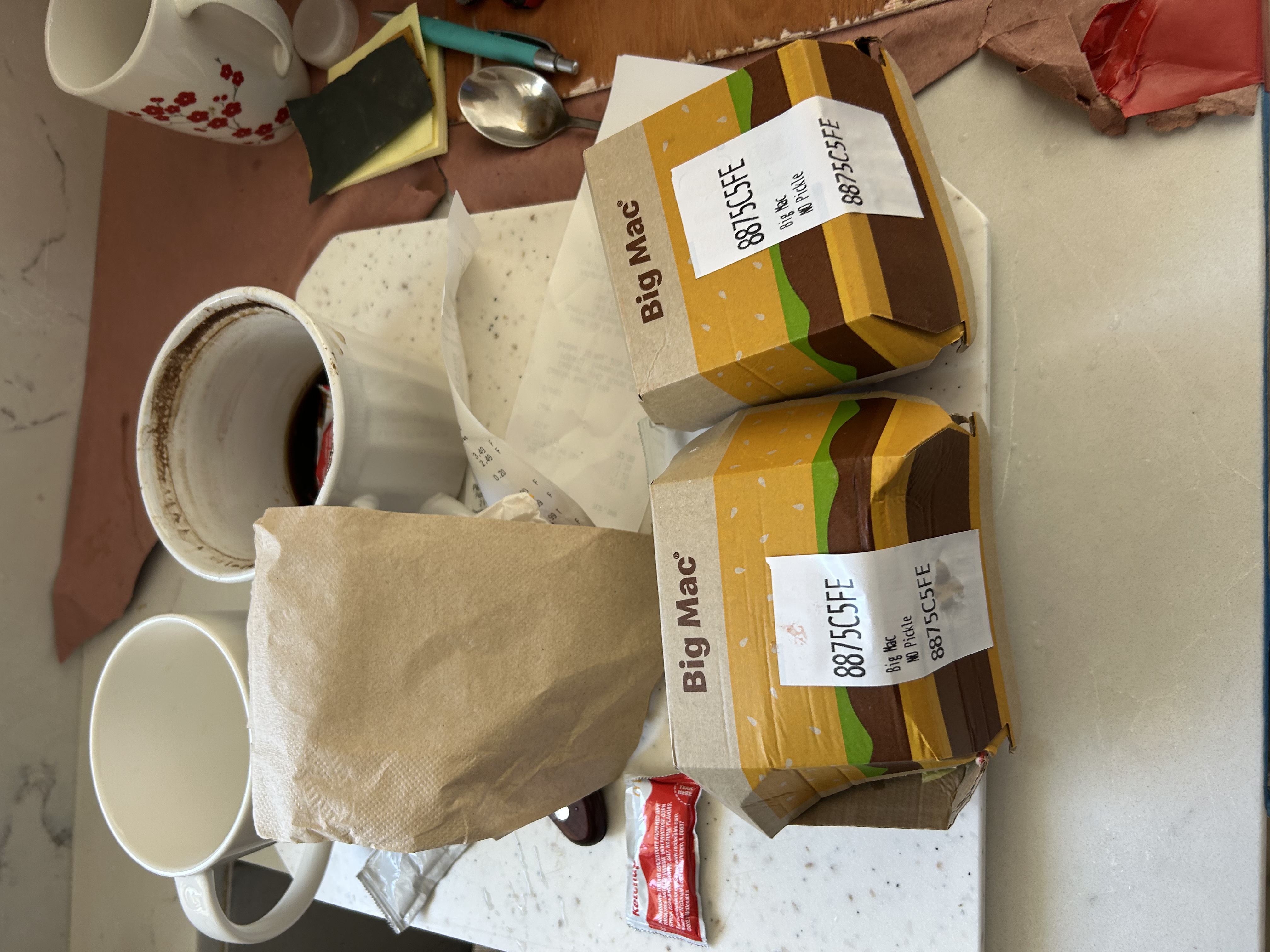 Home — two Big Macs on the kitchen counter, coffee mug, Blazej feast