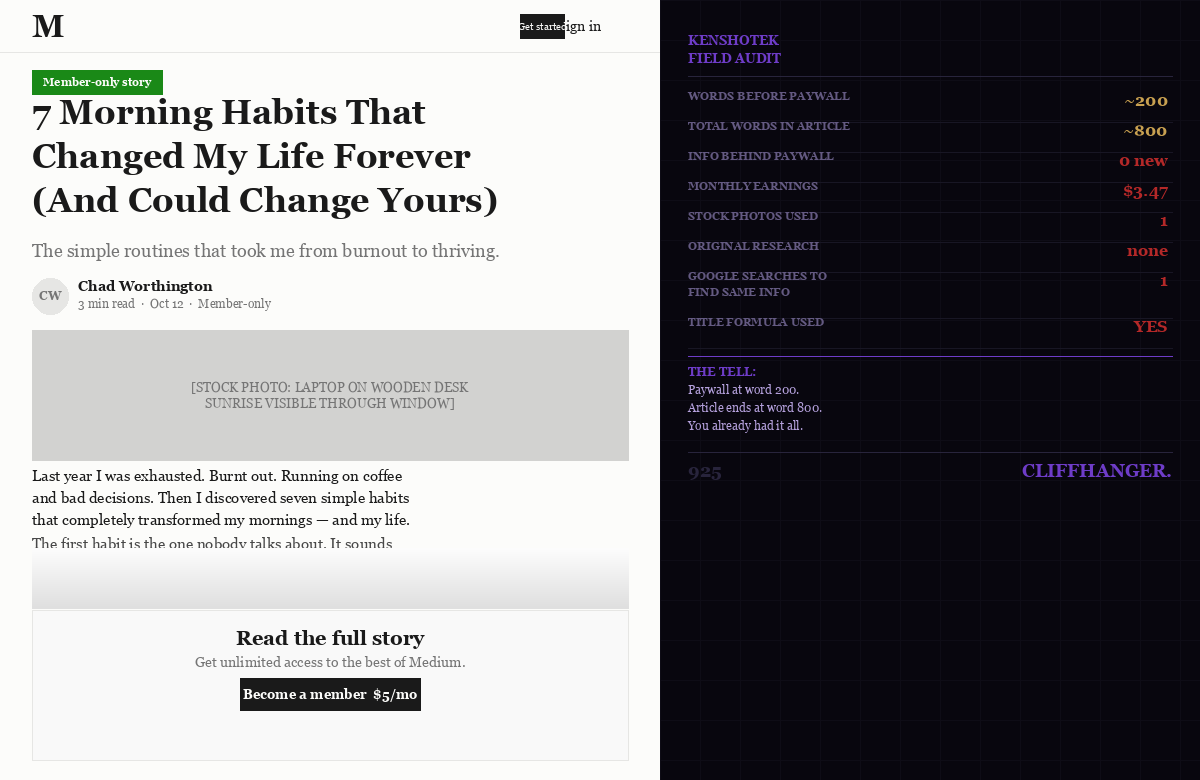 Medium Member-Only Story Mock · 7 Morning Habits · $3.47 Earned · KenshoTek Field Audit