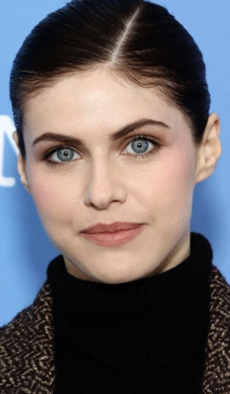 Alexandra Daddario — Black Turtleneck — Slicked Back — Blue Background