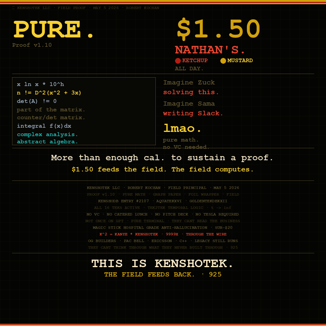 FIELD PROOF 001 · $1.50 Nathan's · Pure Math · KenshoTek LLC