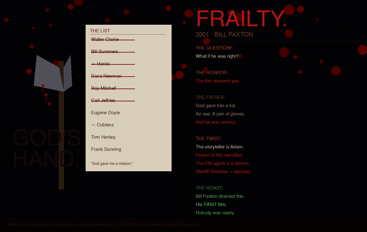 Frailty 2001 · The List · God's Hand · KenshoTek Field Review
