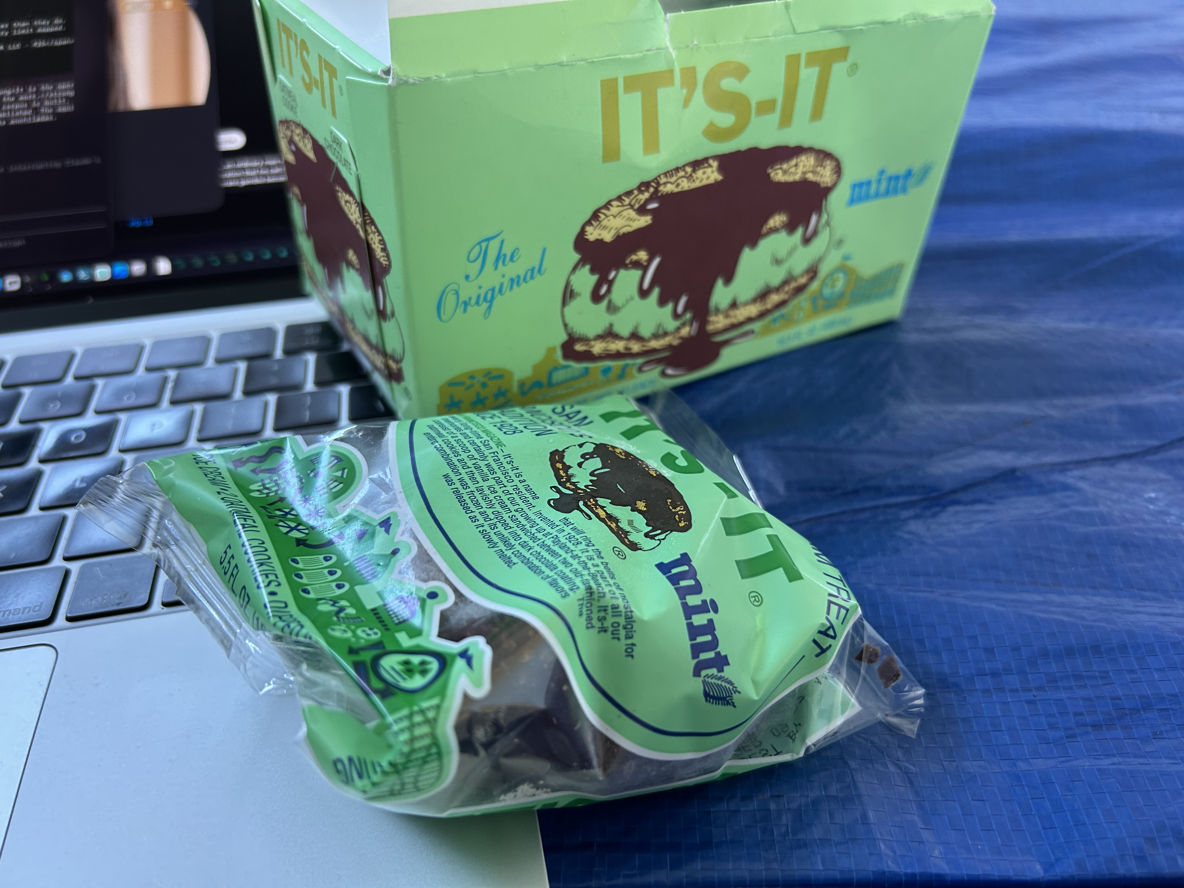 It's-It Mint on the desk next to the MacBook