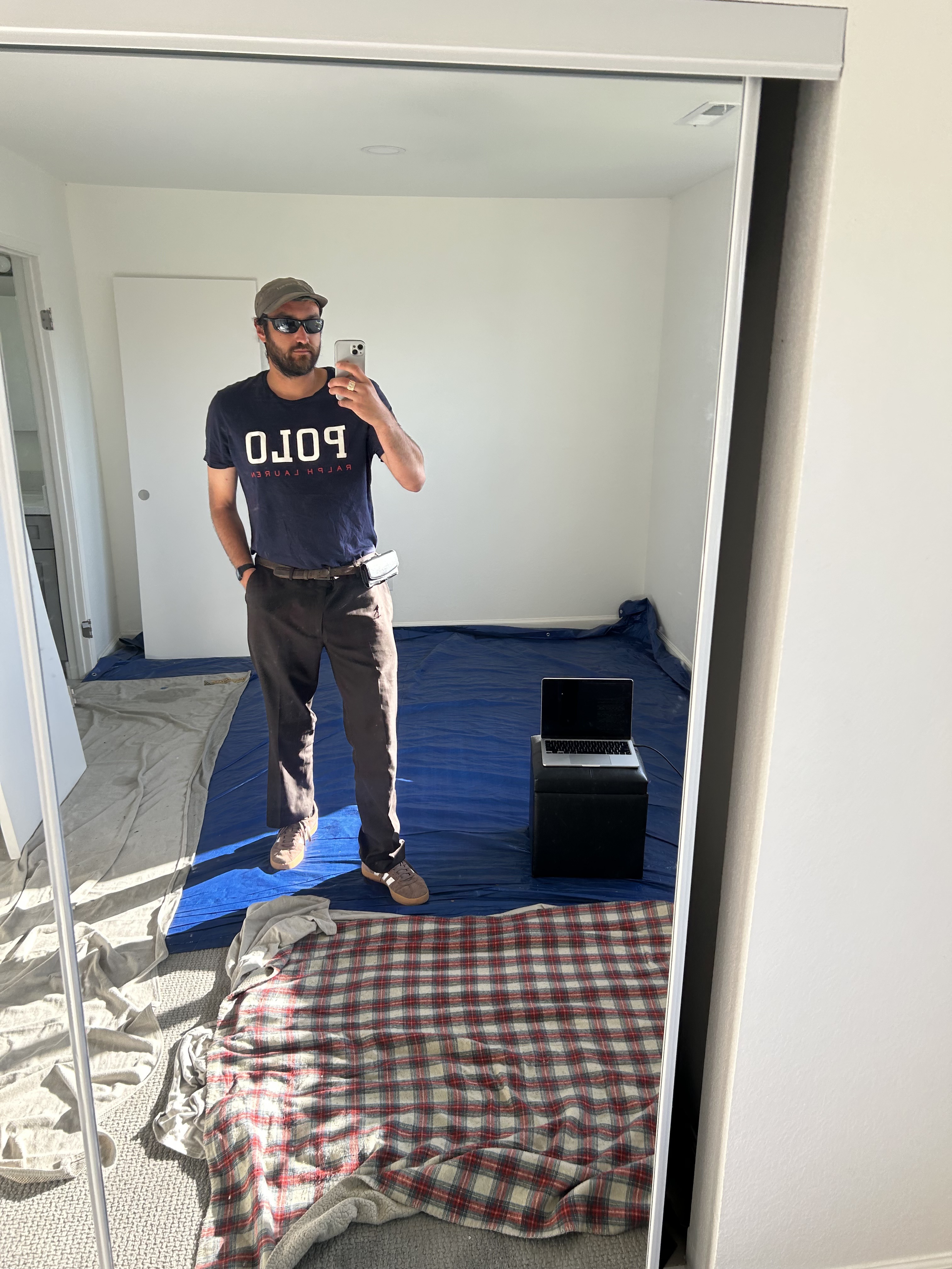 Morning fit — Polo Ralph Lauren navy tee, Italian trousers, Zeiss frames, Gramicci cap, Adidas — mirror — 925