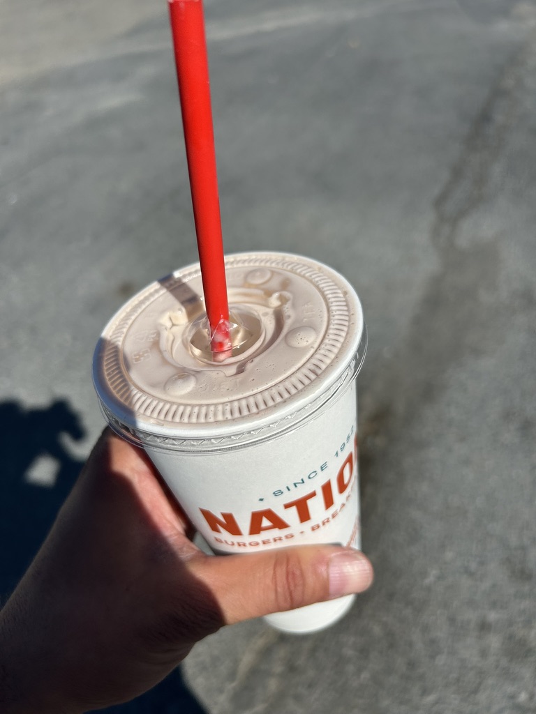 Nation's chocolate milkshake, red straw, since 1952
