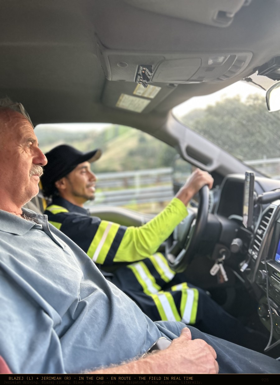 Blazej and Jerimiah in the tow truck cab, en route, Arthur Rd 925