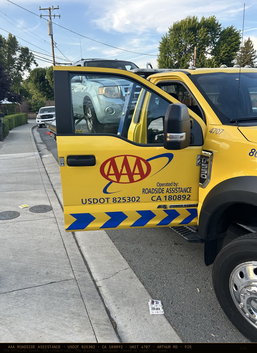 AAA truck door USDOT 825302 CA 180892 Unit 4707