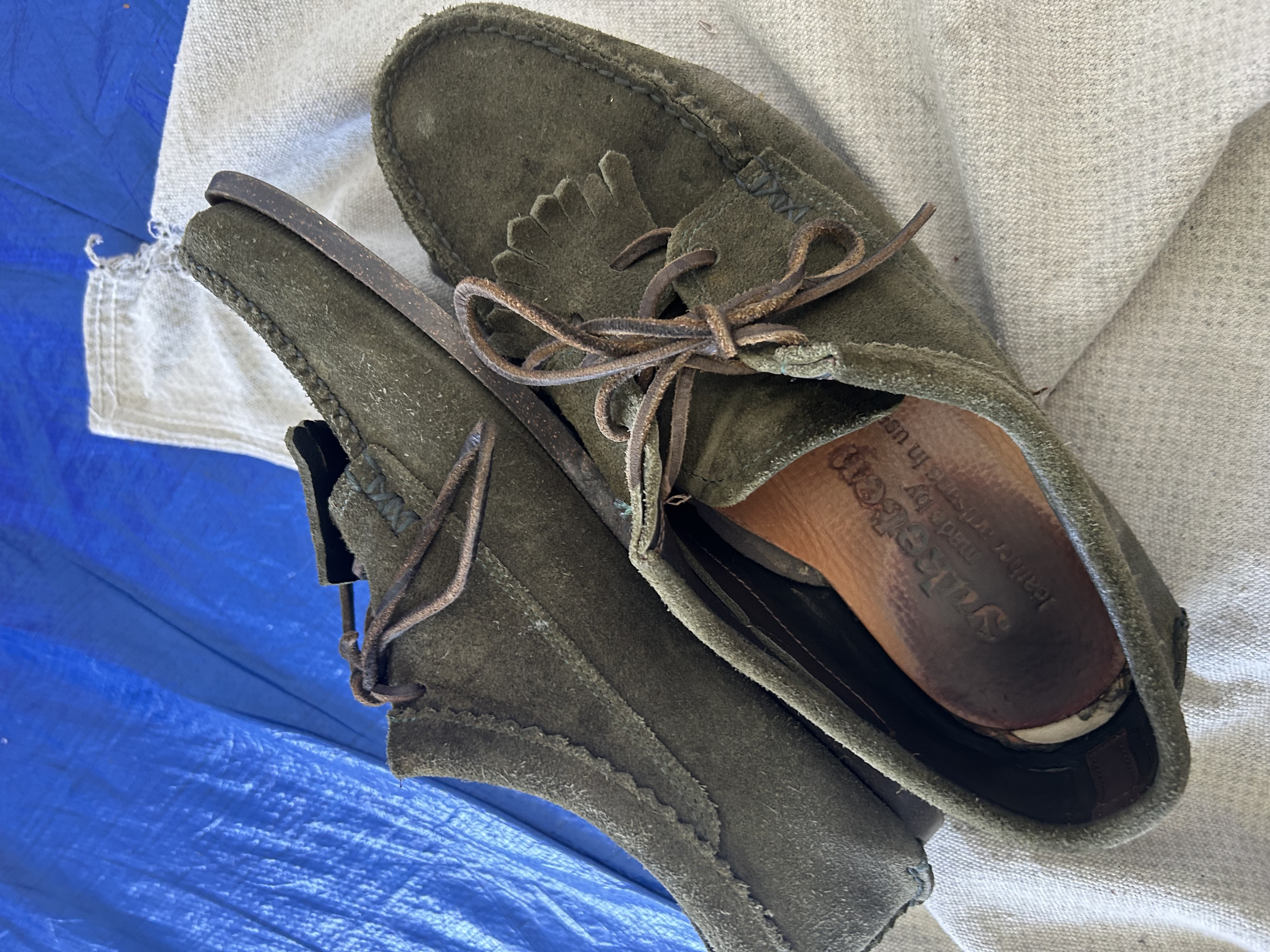 Handmade Yucatan olive suede moccasins, custom size 11.5, $40