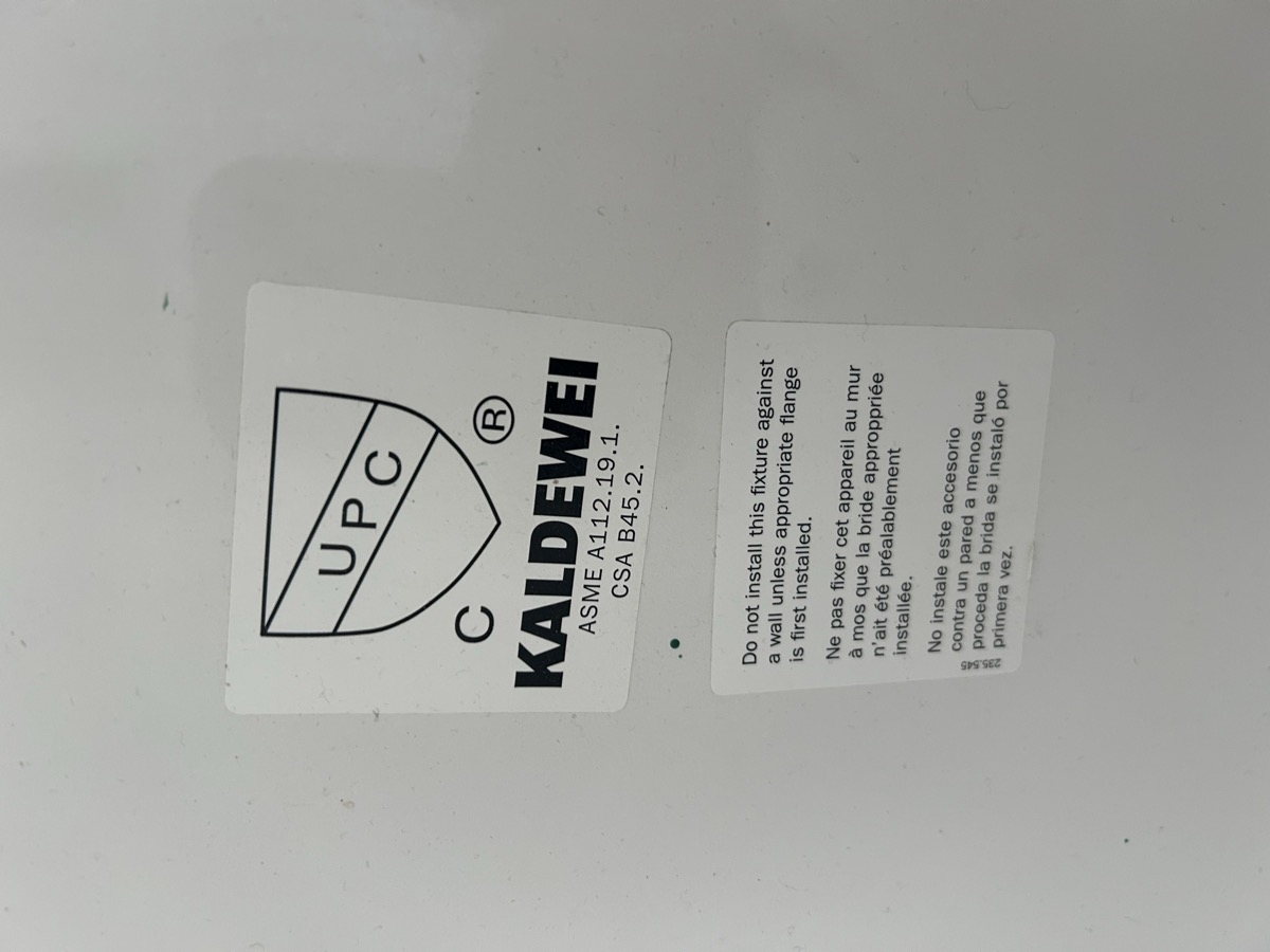 Kaldewei certification label — ASME A112.19.1, CSA B45.2, Model 235.545